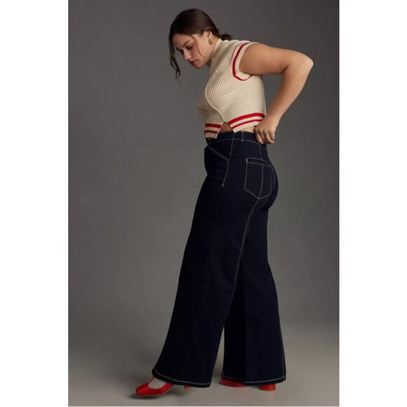 Maeve Jeans Women 30 The Delaney Clean Seamed Wide Leg Blue Contrast Stitch Boho - Picture 3 of 16